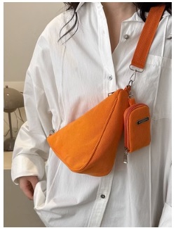 กระเป๋าทรงสามเหลี่ยม กระเป๋าสะพาน กระเป๋าผ้าลูกฟูก(พร้อมส่งสีส้ม)